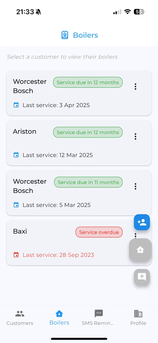Boiler service status, showing boilers due and overdue