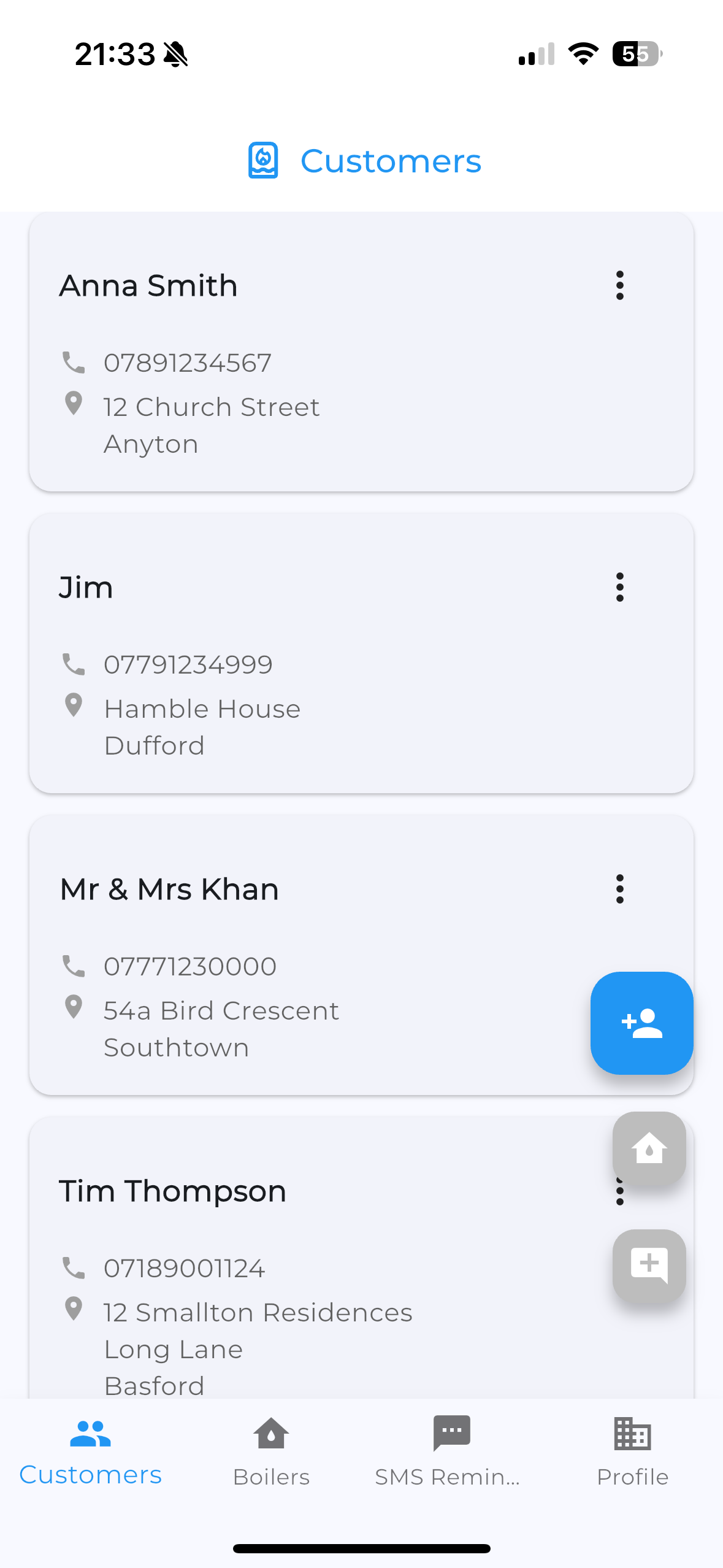 Boiler Service Reminder app customer list