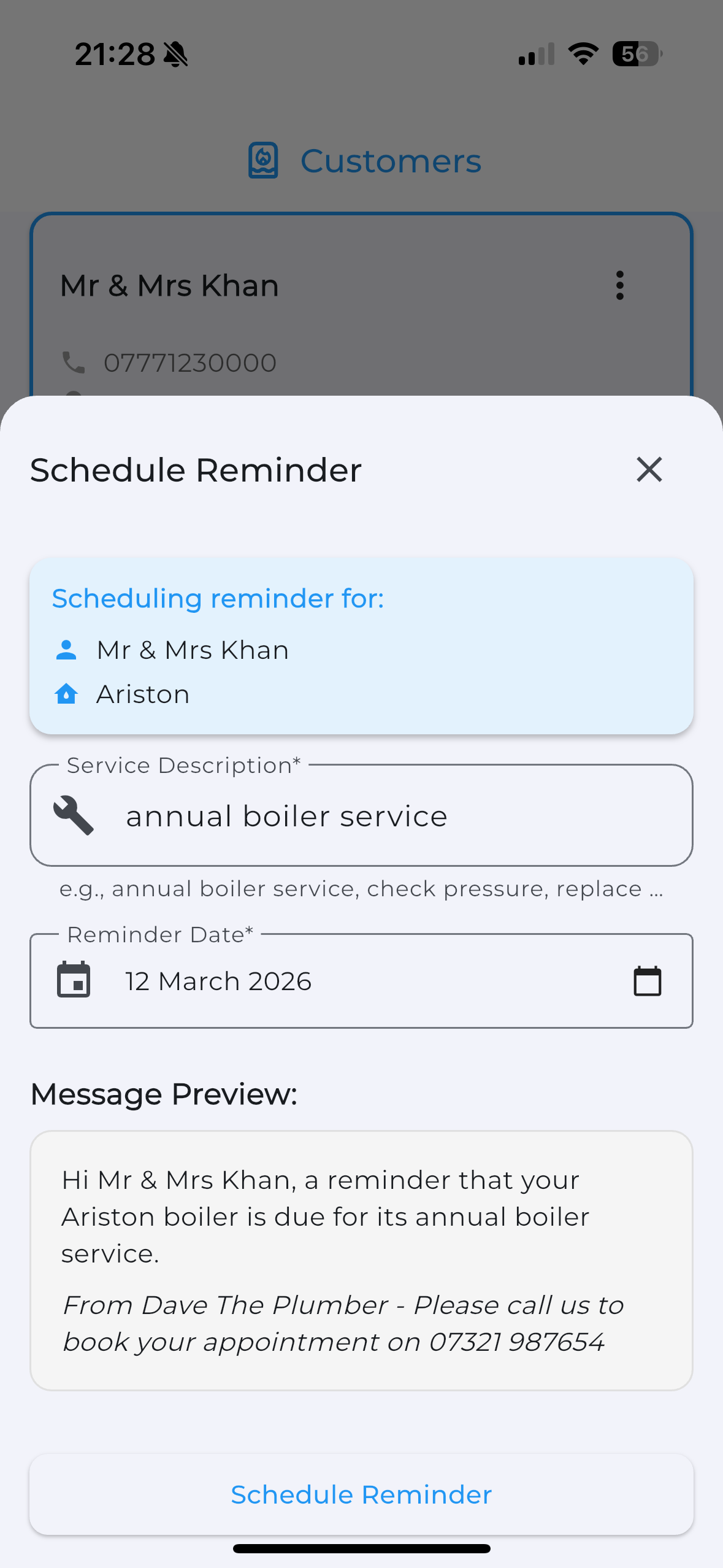 Scheduling an SMS boiler service reminder