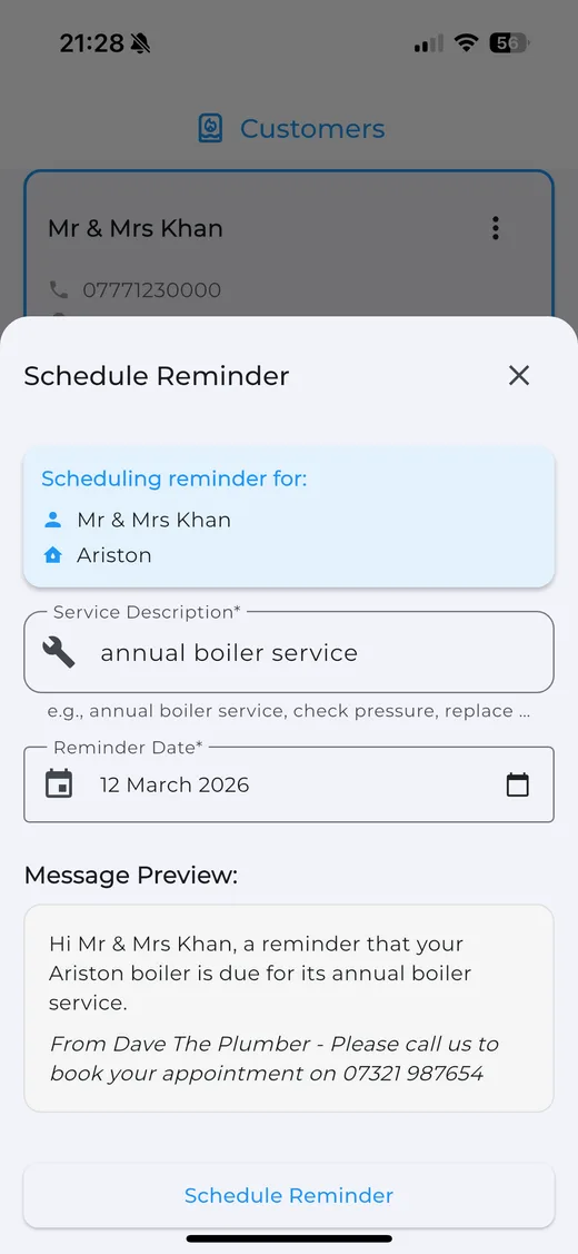 Scheduling an SMS boiler service reminder