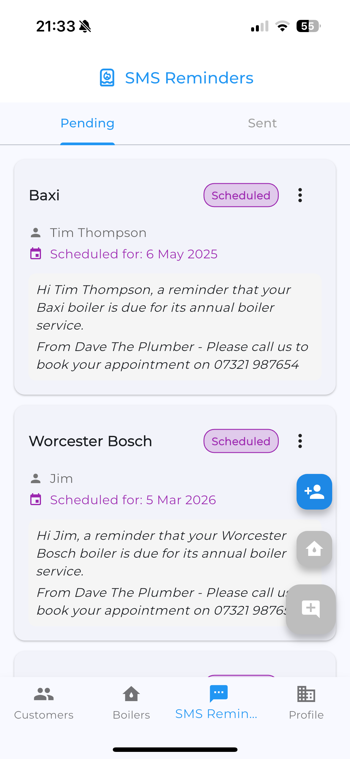 Pending and sent SMS reminders list