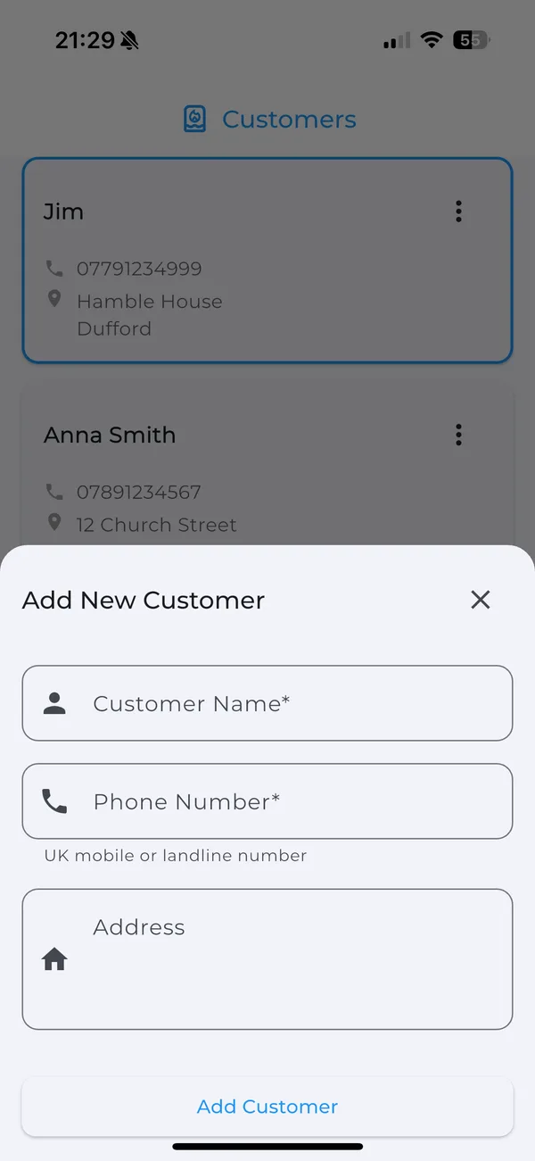 Adding a new customer in the Boiler Service Reminder app
